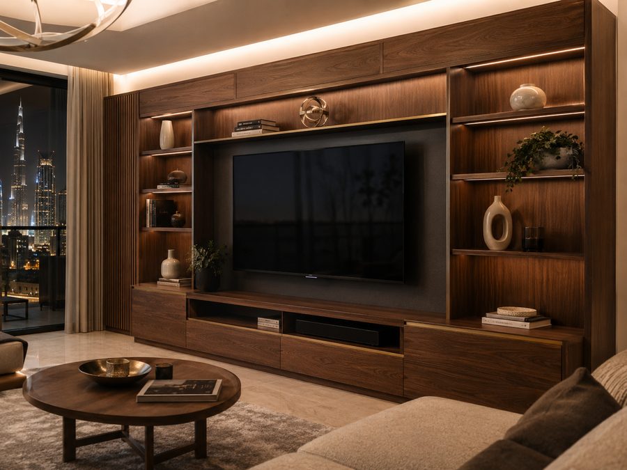 Custom furniture in Dubai — bespoke walnut media wall