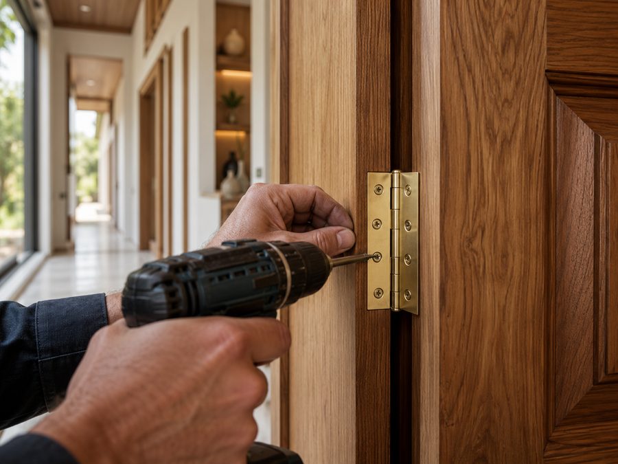 Door repair in Dubai — fitting a brass hinge