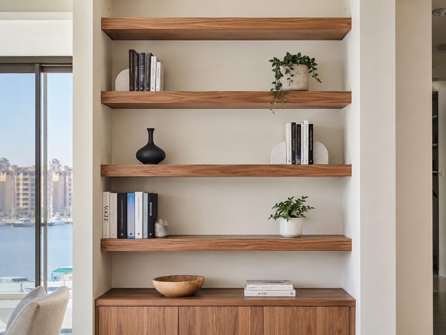 Custom floating shelves in a Dubai home